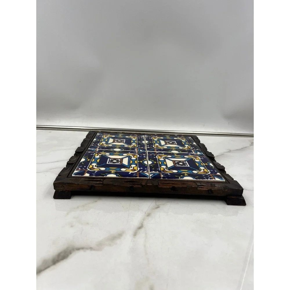 Vintage Orion Monterrey Mexico Ceramic Tile Trivet Carved Wood Frame Talavera